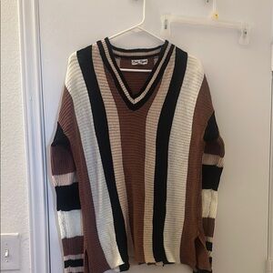 Men's Striped Sweater - Brown, Black, and White